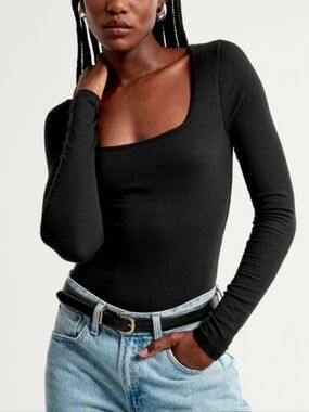 Abercrombie & Fitch Black Long Sleeve Cotton Seamless Square Neck Bodysuit